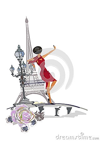 Design with the Eiffel tower and girls, flowers. Vector Illustration